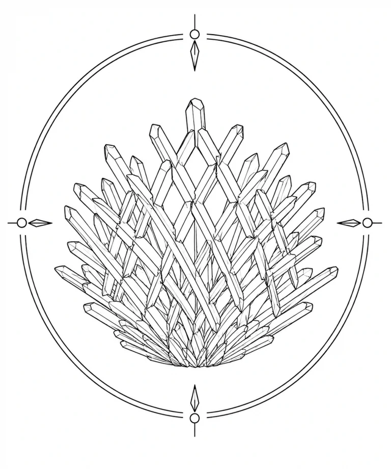 Minimal Scandinavian illustration of delicate reticulated twinned Cerussite crystals forming a graceful fan-shaped geometric silhouette inside a mineral frame on a white background.