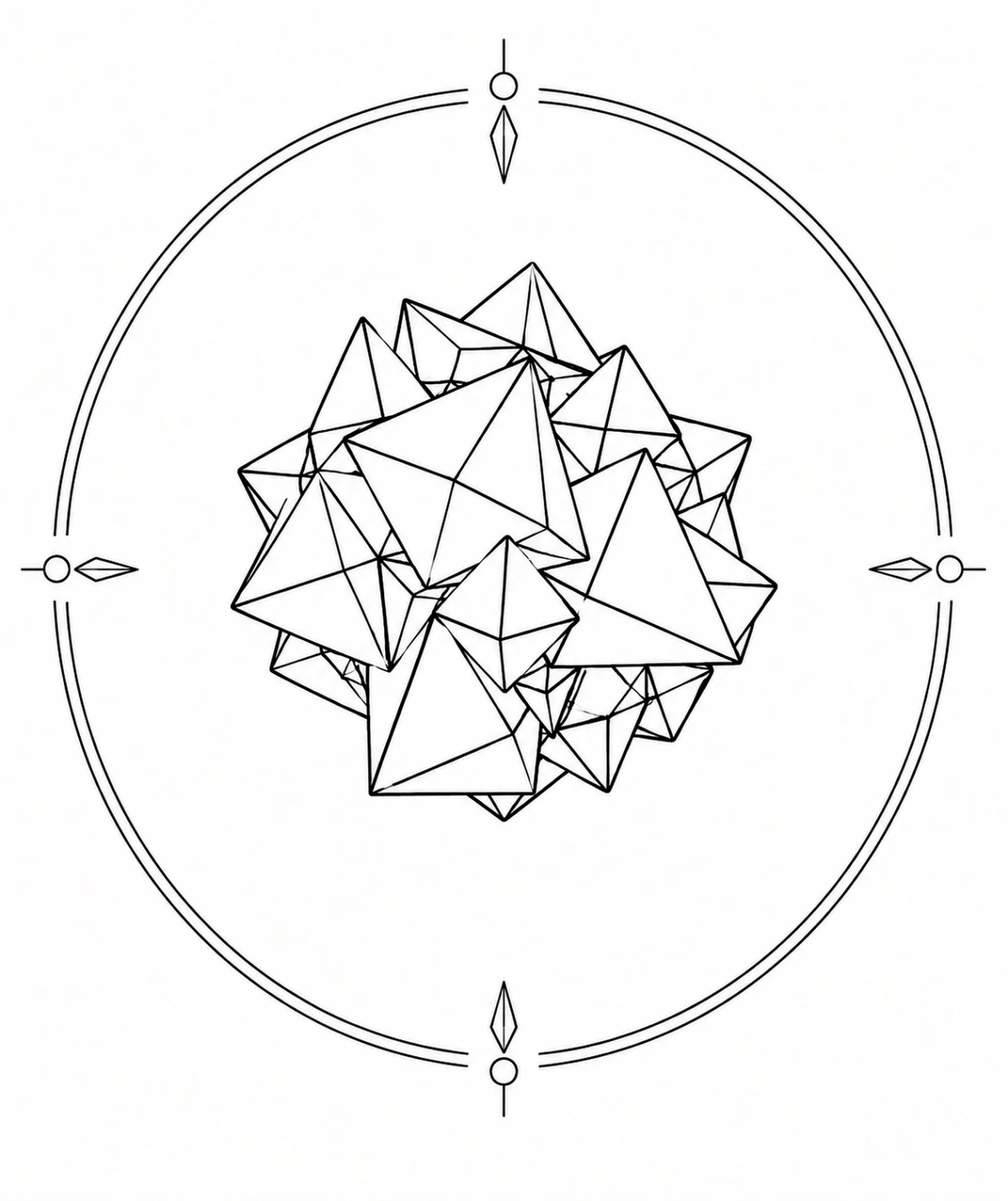 Minimal Scandinavian illustration of interlocking tetrahedral Sphalerite crystals forming a compact geometric faceted silhouette inside a mineral frame on a white background.