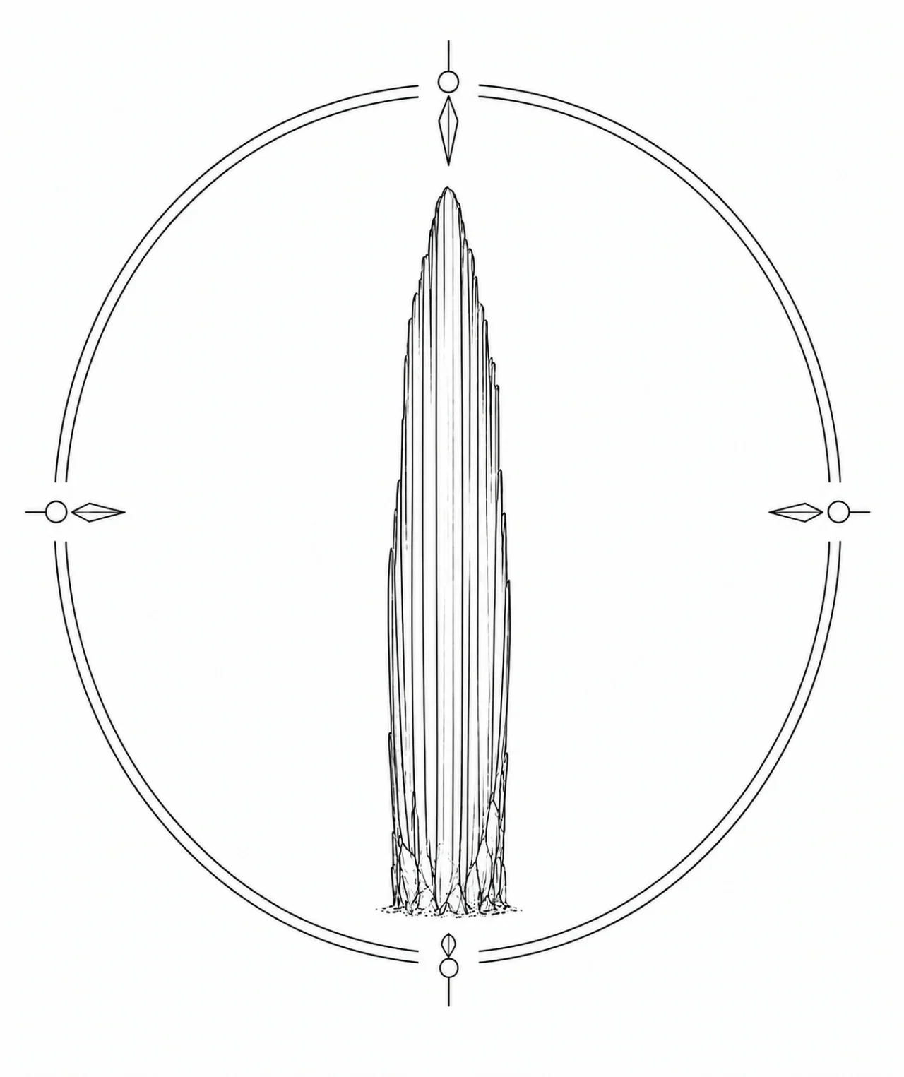 Minimal Scandinavian illustration of parallel fibrous Ulexite crystals forming a smooth tapered bundle inside a geometric mineral frame on a white background.