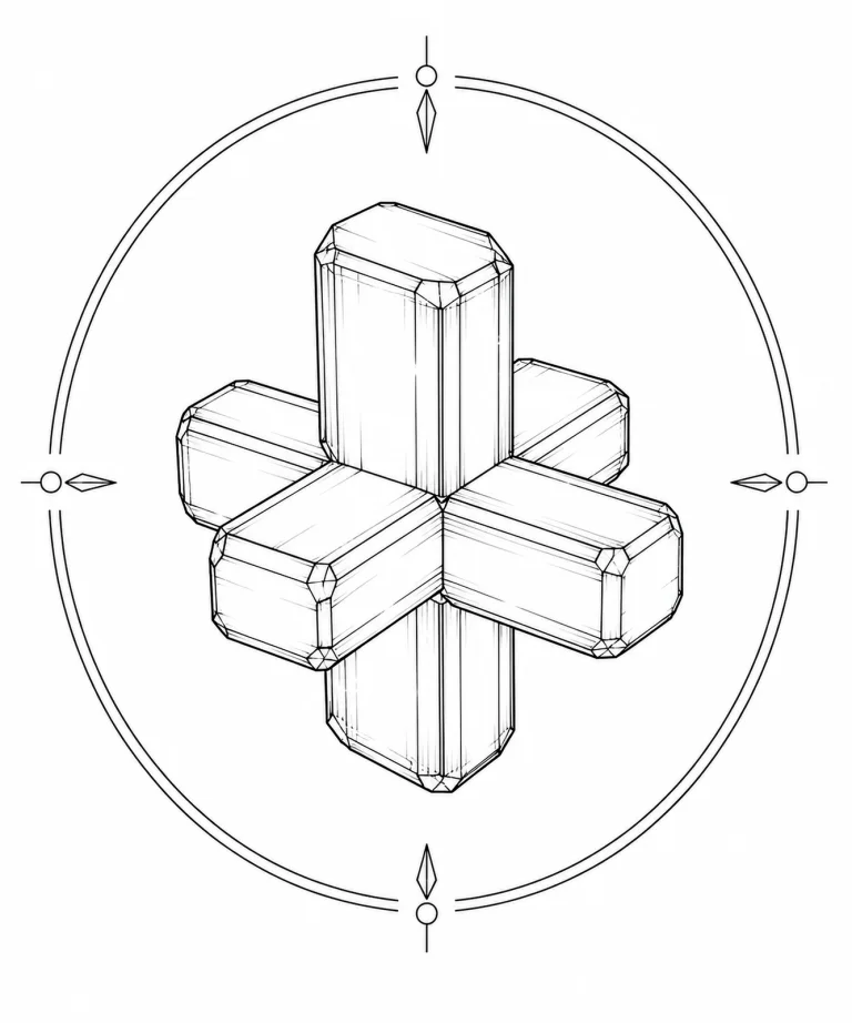 Minimal Scandinavian illustration of thick intersecting tabular Anglesite crystals forming a geometric cross-shaped silhouette inside a mineral frame on a white background.
