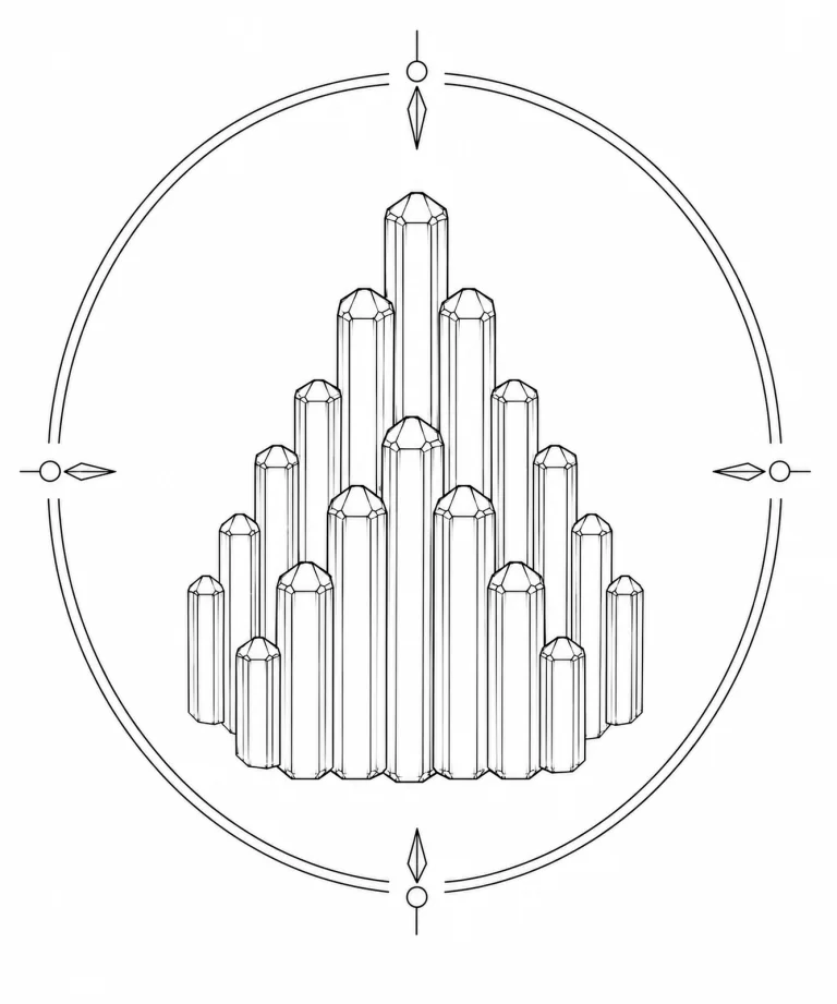 Minimal Scandinavian illustration of stepped parallel prismatic Descloizite crystals arranged in a rhythmic vertical formation inside a geometric mineral frame on a white background.