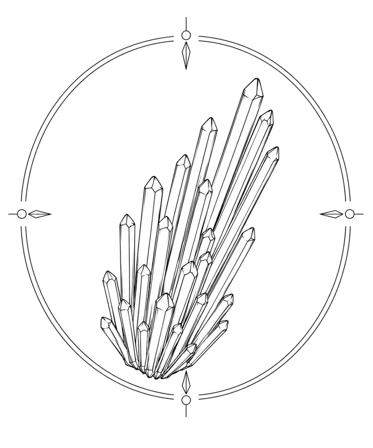 Minimal Scandinavian illustration of elongated Epidote prism crystals growing upward in a unified direction within a geometric mineral frame on a white background.