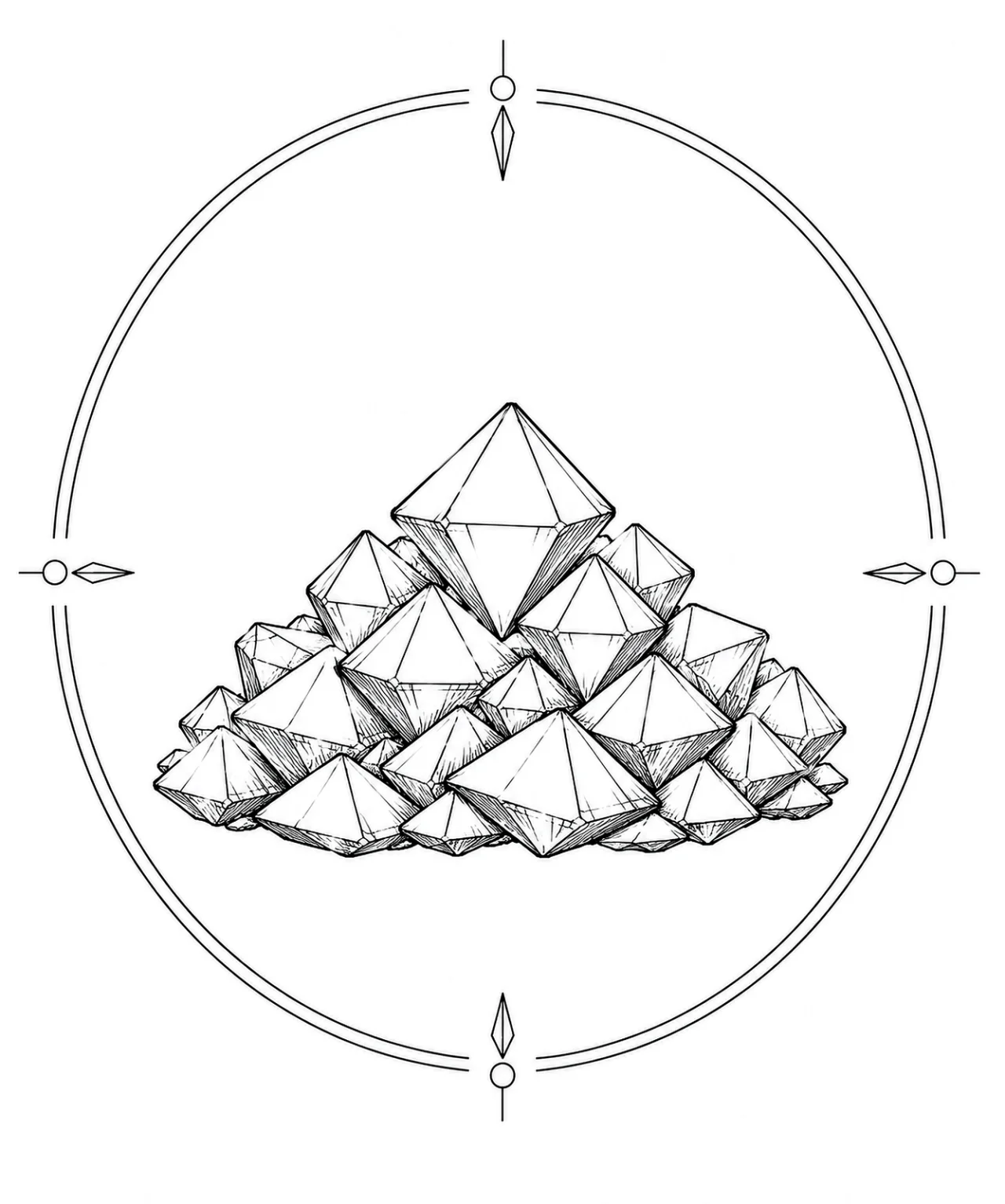 Minimal Scandinavian illustration of stacked dipyramidal Cassiterite crystals forming a low-centered stone cairn silhouette within a geometric mineral frame on a white background.