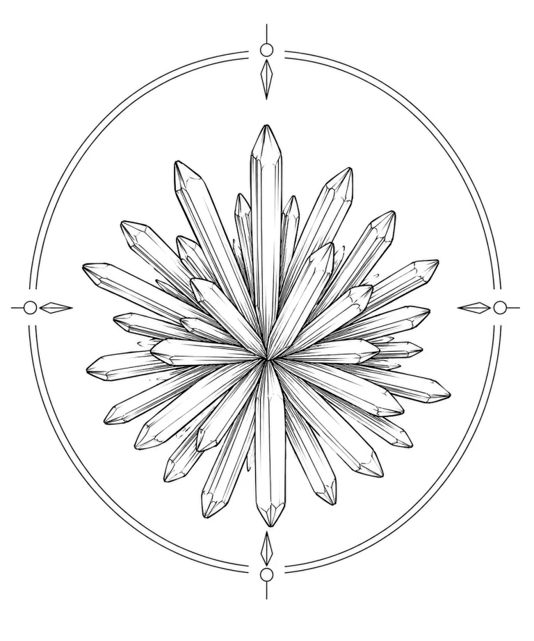 Minimal Scandinavian illustration of radiating bladed Vivianite crystals forming a balanced flower-like silhouette inside a geometric mineral frame on a white background.