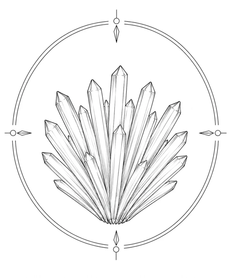 Minimal Scandinavian illustration of sheaf-like Stilbite bladed crystals opening in a graceful fan shape inside a geometric mineral frame on a white background.