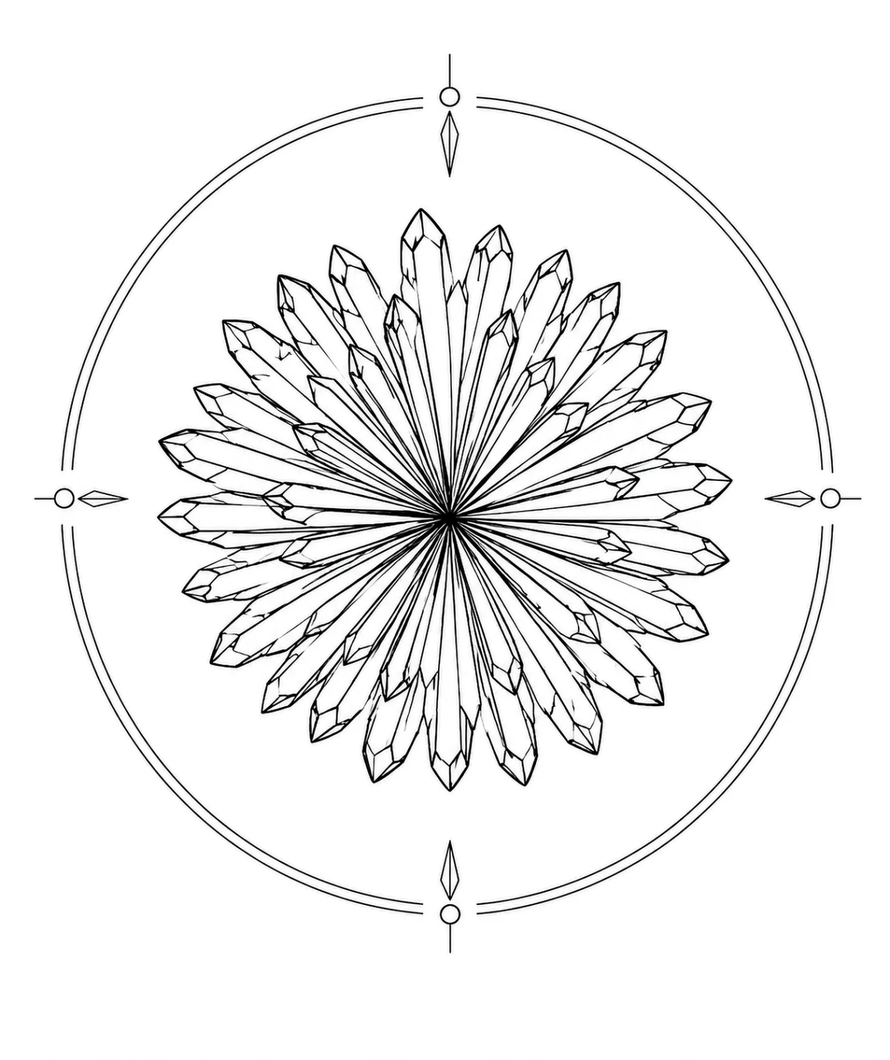 Minimal Scandinavian illustration of a Cavansite radiating rosette crystal cluster forming a balanced circular silhouette inside a geometric mineral frame on a white background.