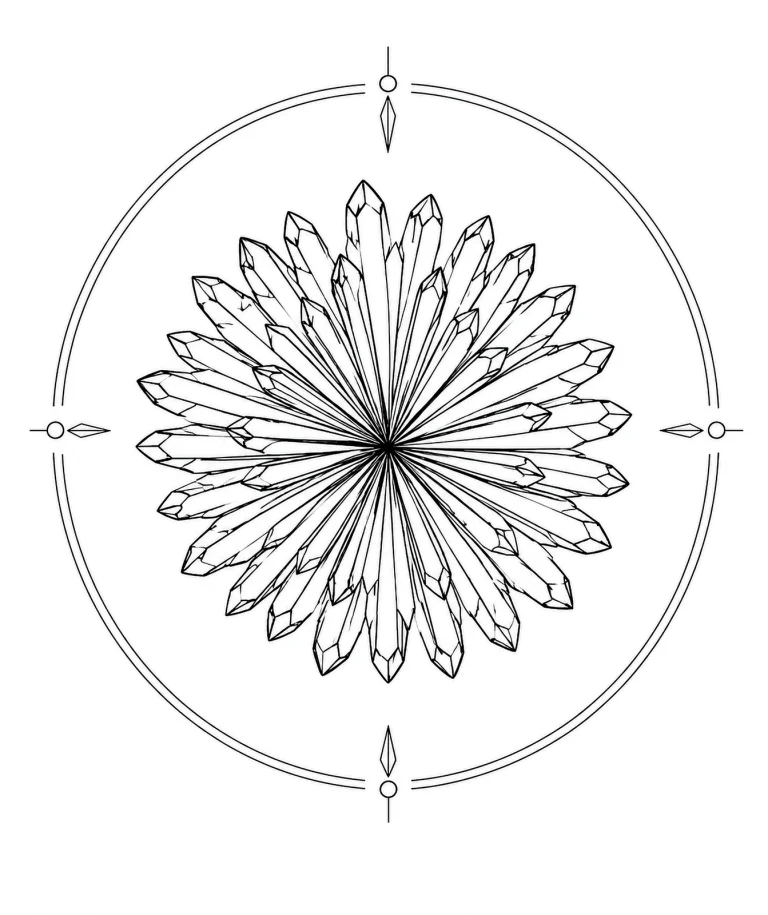 Minimal Scandinavian illustration of a Cavansite radiating rosette crystal cluster forming a balanced circular silhouette inside a geometric mineral frame on a white background.