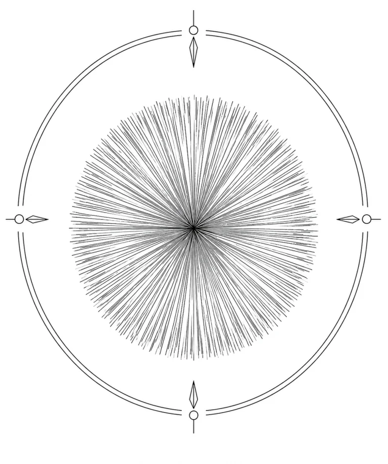 Minimal Scandinavian illustration of a soft radiating Okenite fibrous crystal sphere inside a geometric mineral frame on a white background.