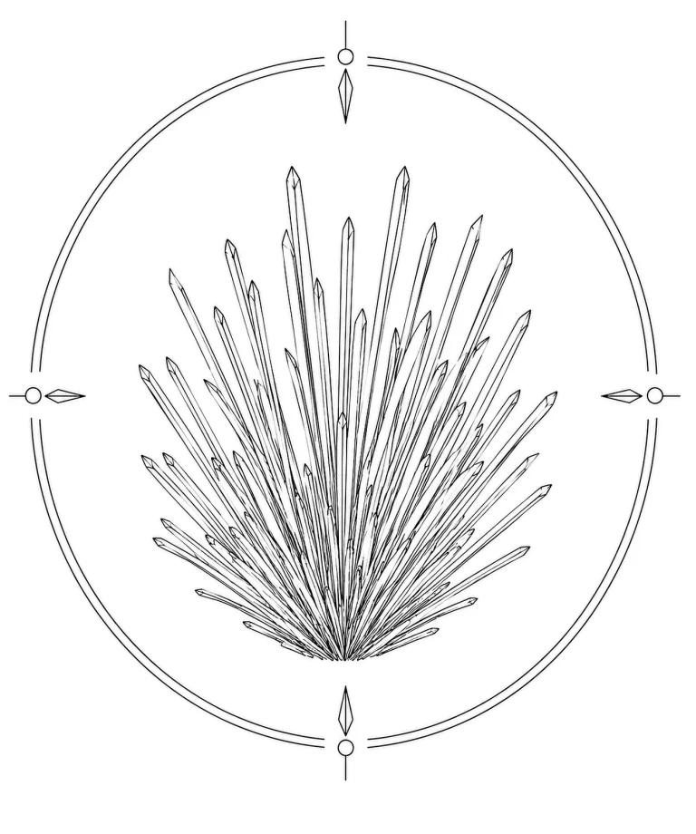 Minimal Scandinavian illustration of an Aurichalcite crystal spray with thin bladed crystals expanding naturally from the base inside a geometric mineral frame on a white background.