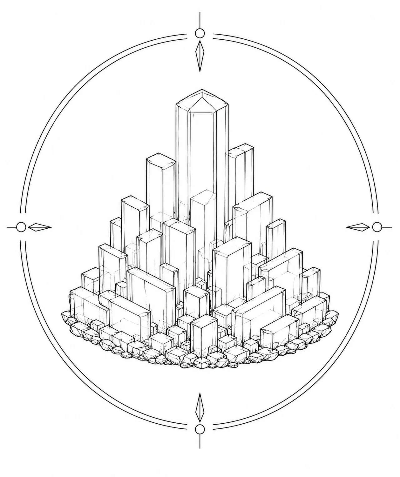 Minimal Scandinavian illustration of an Apophyllite crystal cluster with upright square tabular crystals layered into an architectural geometric formation inside a mineral frame on a white background.