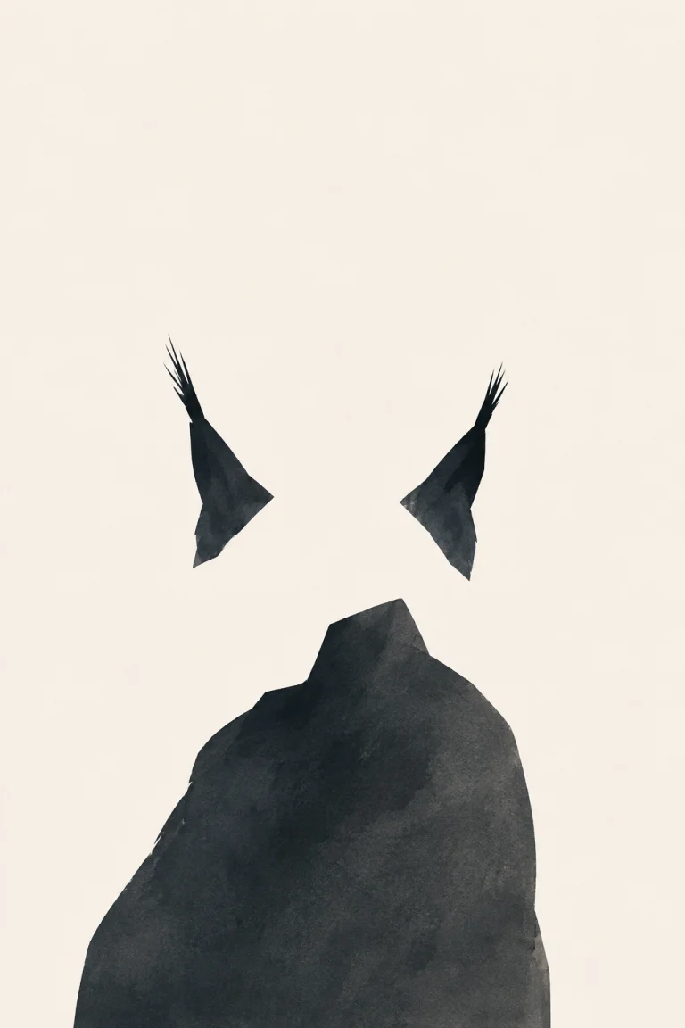 Minimal Scandinavian illustration of a lynx with distinctive tufted ears and a large simplified graphic silhouette, quietly turning its attention into open negative space against a muted light background.