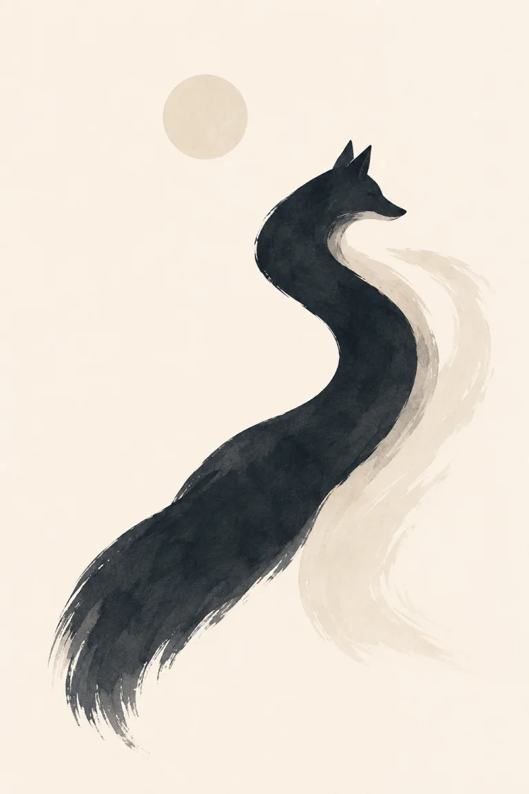Minimal Scandinavian illustration of a dark fox moving to the right with a long flowing body and sweeping tail, accompanied by a pale abstract trailing form and subtle circular element on a warm off-white background.