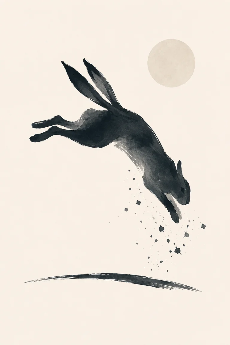 Minimal Scandinavian illustration of a dark hare suspended in a left-to-right leap, with extended hind legs, a pale circular graphic element, subtle fragments, and a thin ground stroke on a warm off-white background.