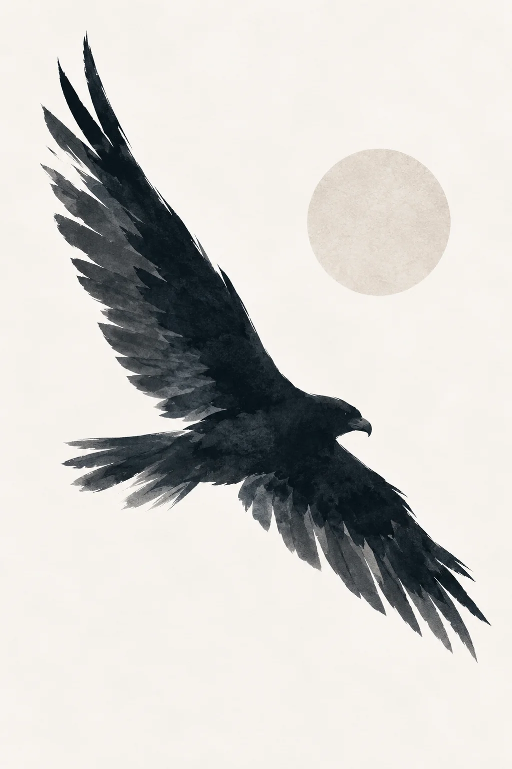 Minimal Scandinavian illustration of a dark eagle gliding diagonally with fully extended wings beneath a pale circular graphic element, surrounded by generous negative space on a warm off-white background.