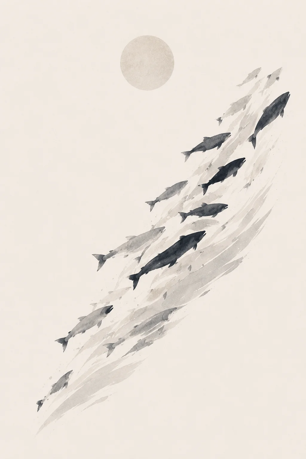 Minimal Scandinavian illustration of salmon flowing diagonally toward the upper right, with dark and pale fish forming a directional current beneath a soft circular graphic element on a warm off-white background.