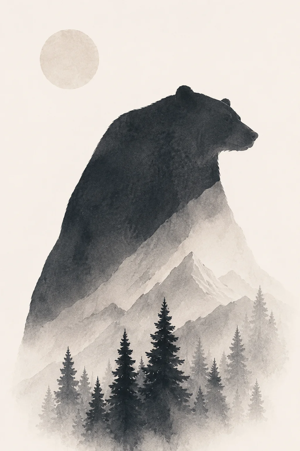 Minimal Scandinavian illustration of a massive dark bear silhouette facing right above a small Northern forest, with a pale circular graphic element and generous negative space on a muted background.