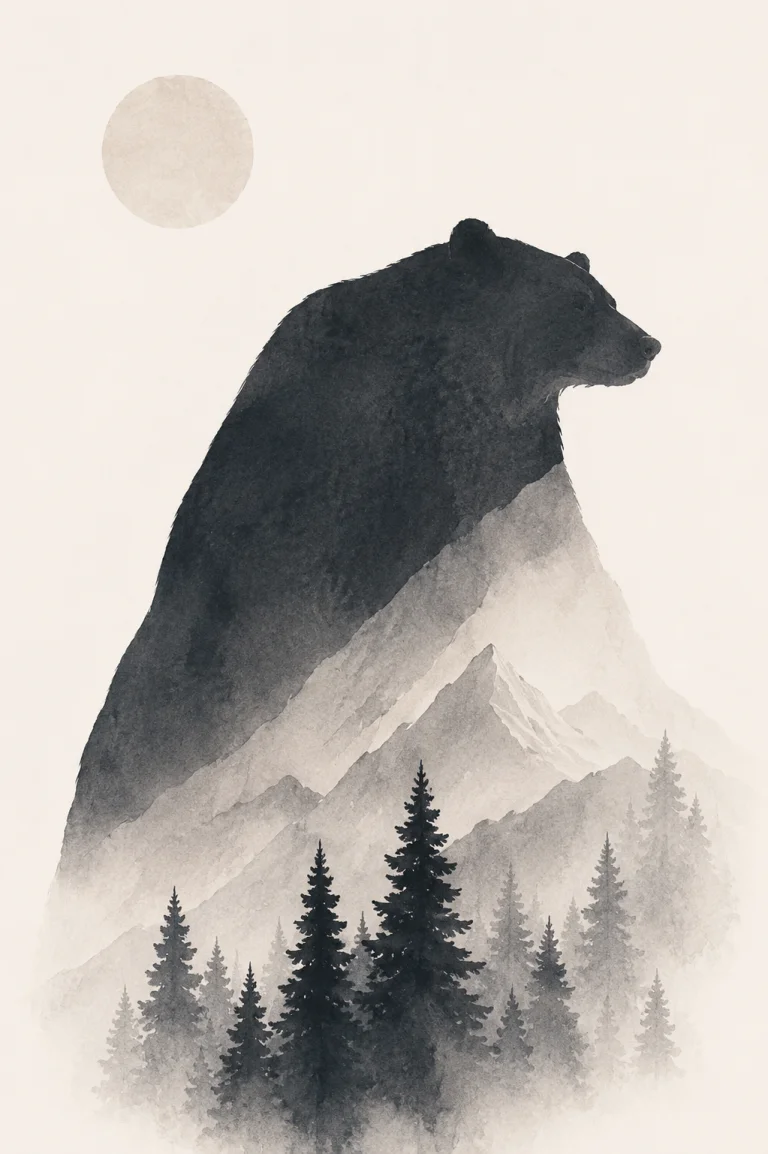 Minimal Scandinavian illustration of a massive dark bear silhouette facing right above a small Northern forest, with a pale circular graphic element and generous negative space on a muted background.