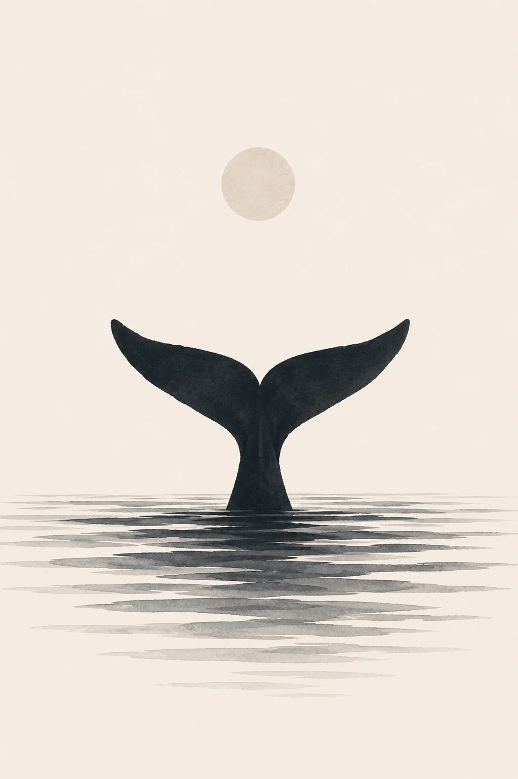 Minimal Scandinavian illustration of a dark whale tail emerging above thin horizontal water lines, with a pale circular graphic element above and expansive negative space surrounding the composition.