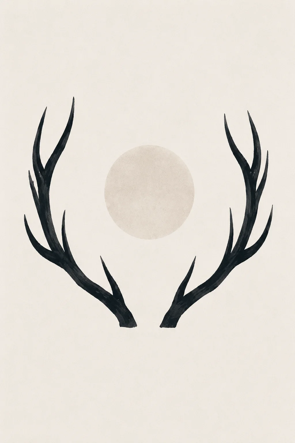 Minimal Scandinavian illustration of symmetrical dark elk antlers spreading outward around a pale circular graphic element, with no animal head and generous negative space on a restrained background.