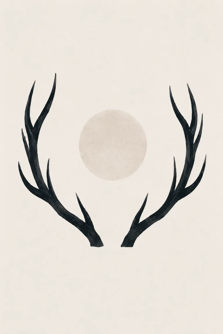 Minimal Scandinavian illustration of symmetrical dark elk antlers spreading outward around a pale circular graphic element, with no animal head and generous negative space on a restrained background.