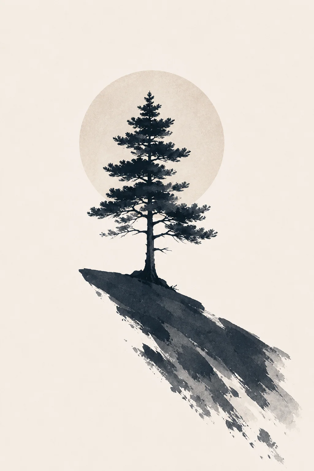 Minimal Scandinavian illustration of a solitary pine tree standing above a sloping dark rock mass with a pale circular graphic element and generous negative space.