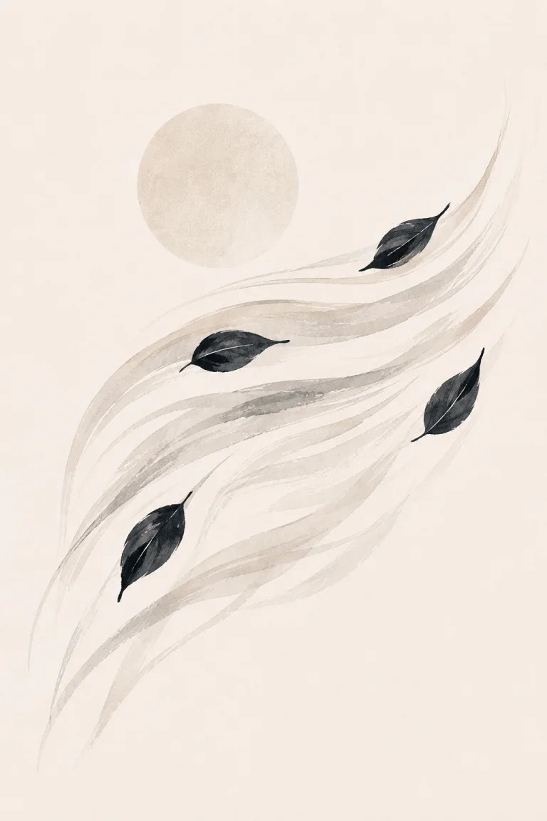 Minimal Scandinavian illustration of several floating leaves following delicate curved wind lines toward the upper right, with a pale circular element and generous negative space.