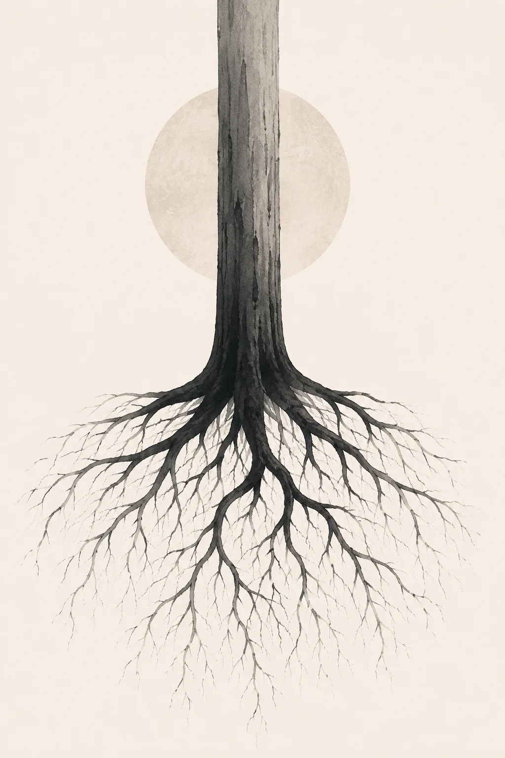 Minimal Scandinavian illustration of a single open flower on a slender vertical stem, with a pale circular element behind the bloom and generous negative space.