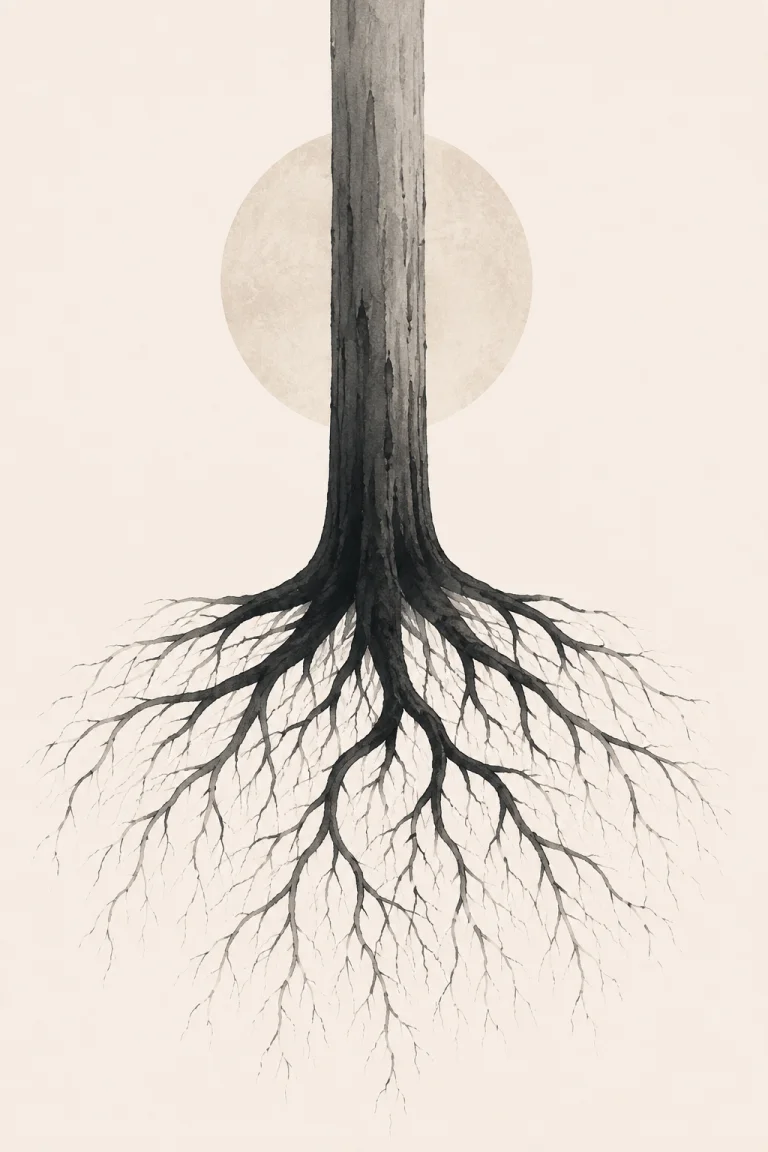 Minimal Scandinavian illustration of a single open flower on a slender vertical stem, with a pale circular element behind the bloom and generous negative space.