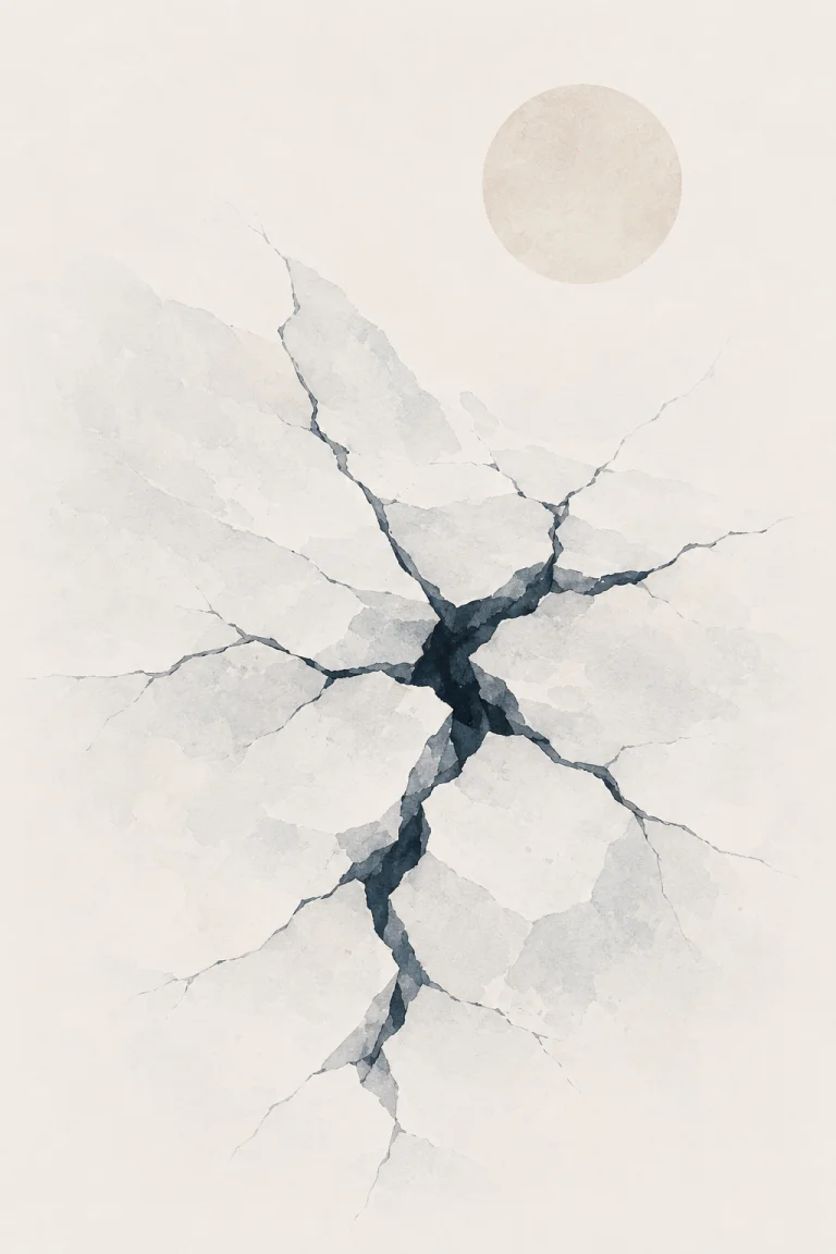 Minimal Scandinavian illustration of a pale ice surface with a central branching crack, a subtle circular element above, and generous negative space.