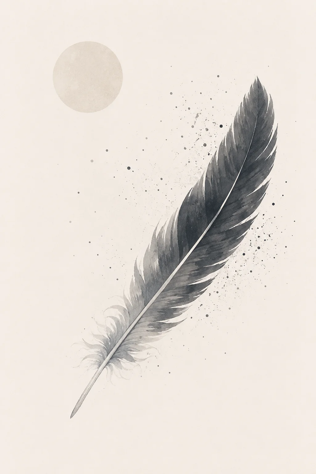 Minimal Scandinavian illustration of a single large feather floating diagonally with subtle particles, a pale circular element above, and generous negative space.