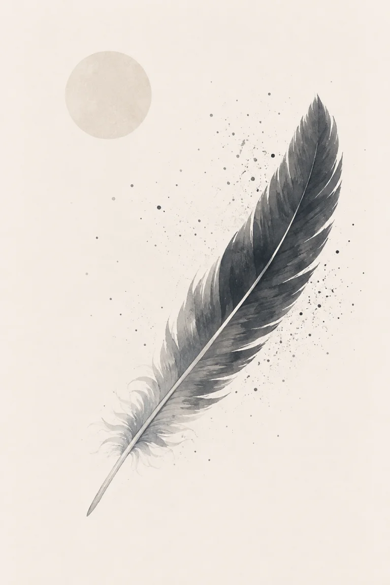 Minimal Scandinavian illustration of a single large feather floating diagonally with subtle particles, a pale circular element above, and generous negative space.