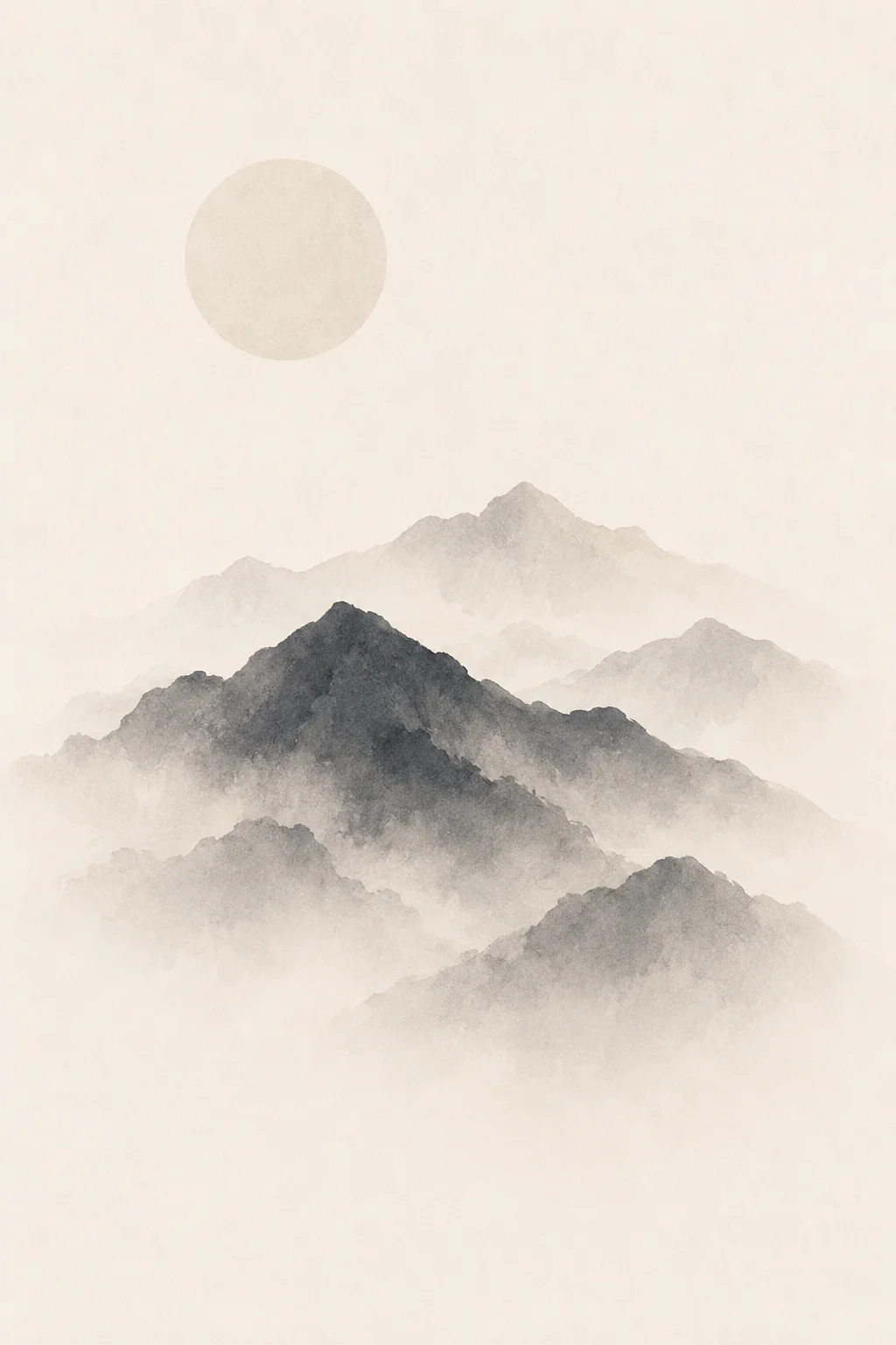 Minimal Scandinavian illustration of layered mist-covered mountains with a dark central mountain mass, pale distant mountain layers, a subtle circular element, and generous negative space.