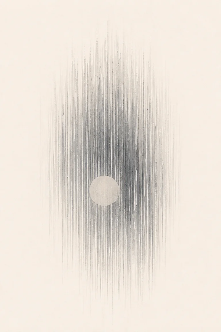 Minimal Scandinavian illustration of numerous fine vertical rain lines forming a restrained descending field around a pale circular element with generous negative space.