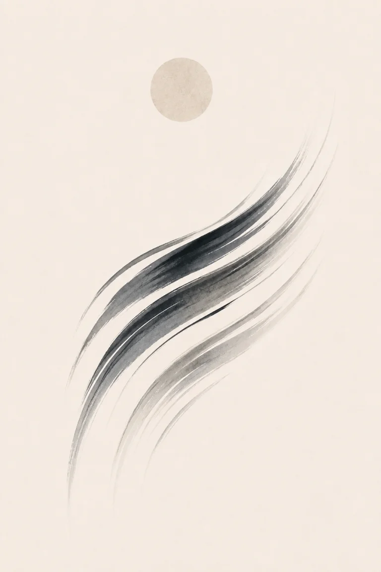 Minimal Scandinavian illustration of several elongated dark curves flowing toward the upper right around a pale circular element with generous negative space, symbolizing invisible wind.
