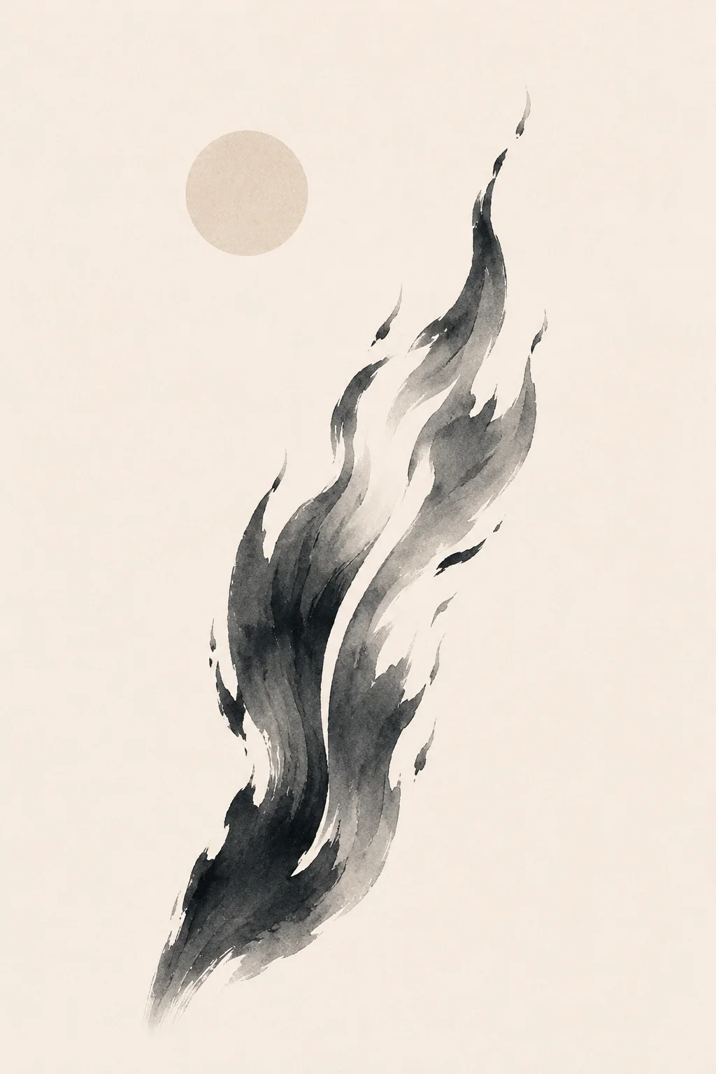 Minimal Scandinavian illustration of a single vertical flame with dark and pale layered forms rising into a pointed silhouette beside a subtle circular element on an open background.
