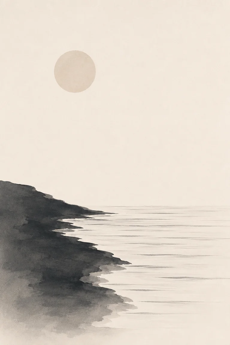 Minimal Scandinavian illustration of a dark shoreline entering from the left and meeting thin horizontal water lines, with a pale circular element and wide negative space.