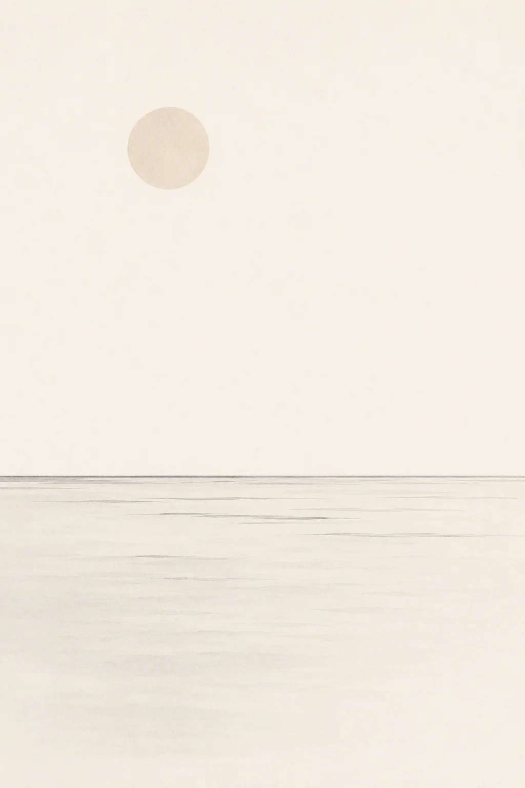 Minimal Scandinavian illustration of thin horizontal sea and horizon lines beneath a pale circular element, surrounded by expansive warm off-white negative space.