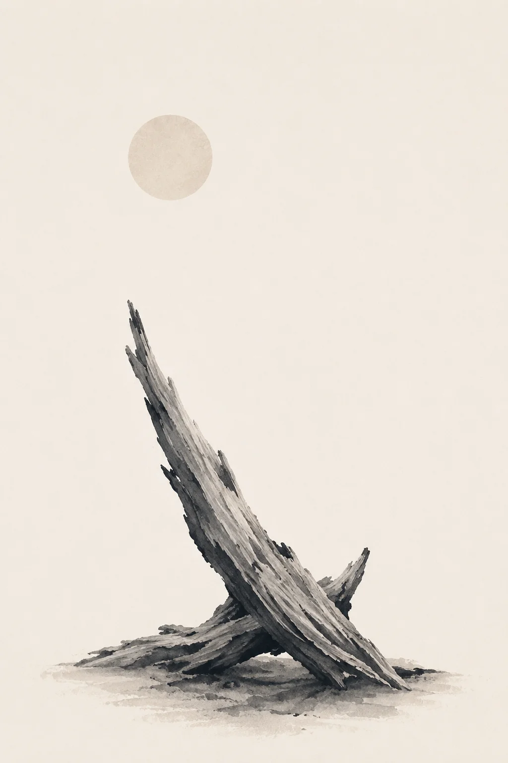 Minimal Scandinavian illustration of a single weathered driftwood form leaning diagonally above a small ground mass, with a pale circular element and expansive negative space.
