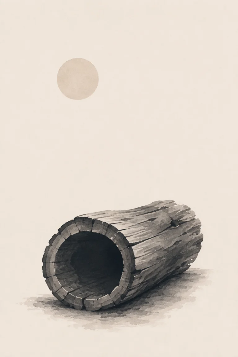 Minimal Scandinavian illustration of a horizontal cut log with a large dark hollow interior, simplified outer wood form, pale circular element, and expansive negative space.