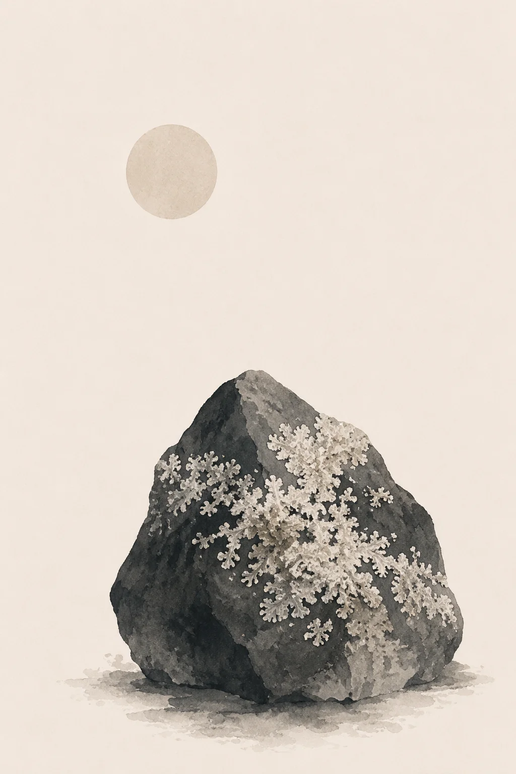 Minimal Scandinavian illustration of a single rock mass with restrained lichen patterns across its surface, accompanied by a pale circular element and expansive negative space.