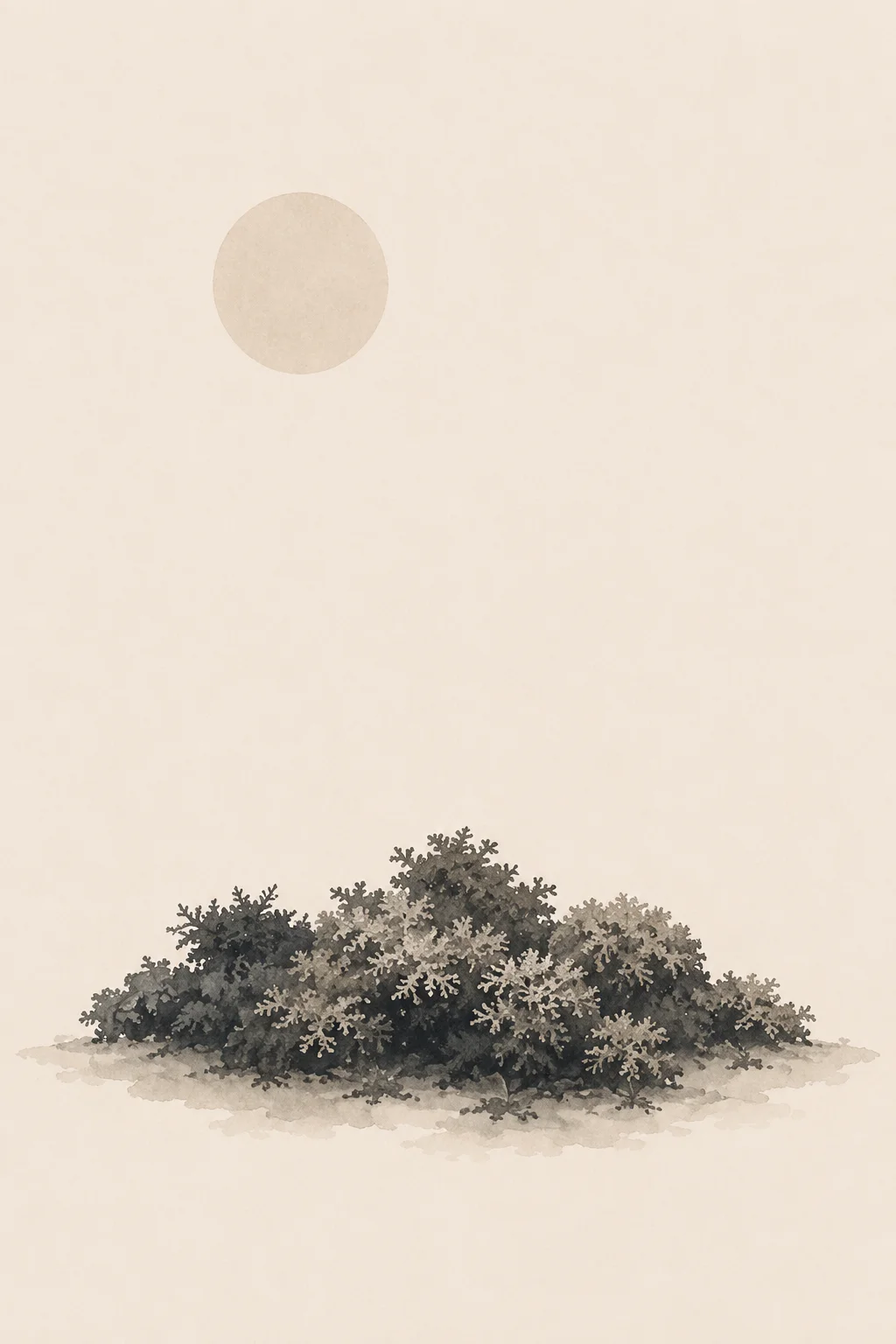 Minimal Scandinavian illustration of a low horizontal moss mass formed by several soft organic shapes beneath a pale circular element, surrounded by expansive negative space.