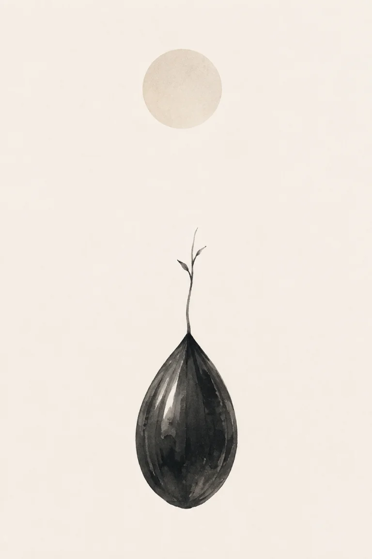Minimal Scandinavian illustration of a single dark seed with a delicate emerging stem rising upward beneath a pale circular element on a warm off-white background with expansive negative space.