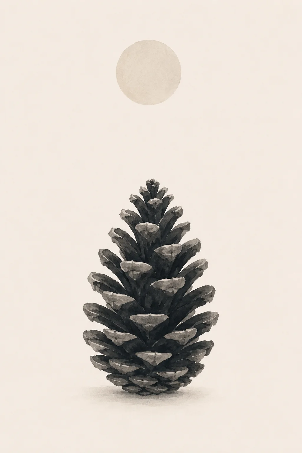 Minimal Scandinavian illustration of a single upright pinecone with clearly layered overlapping scales beneath a pale circular element on a warm off-white background with expansive negative space.