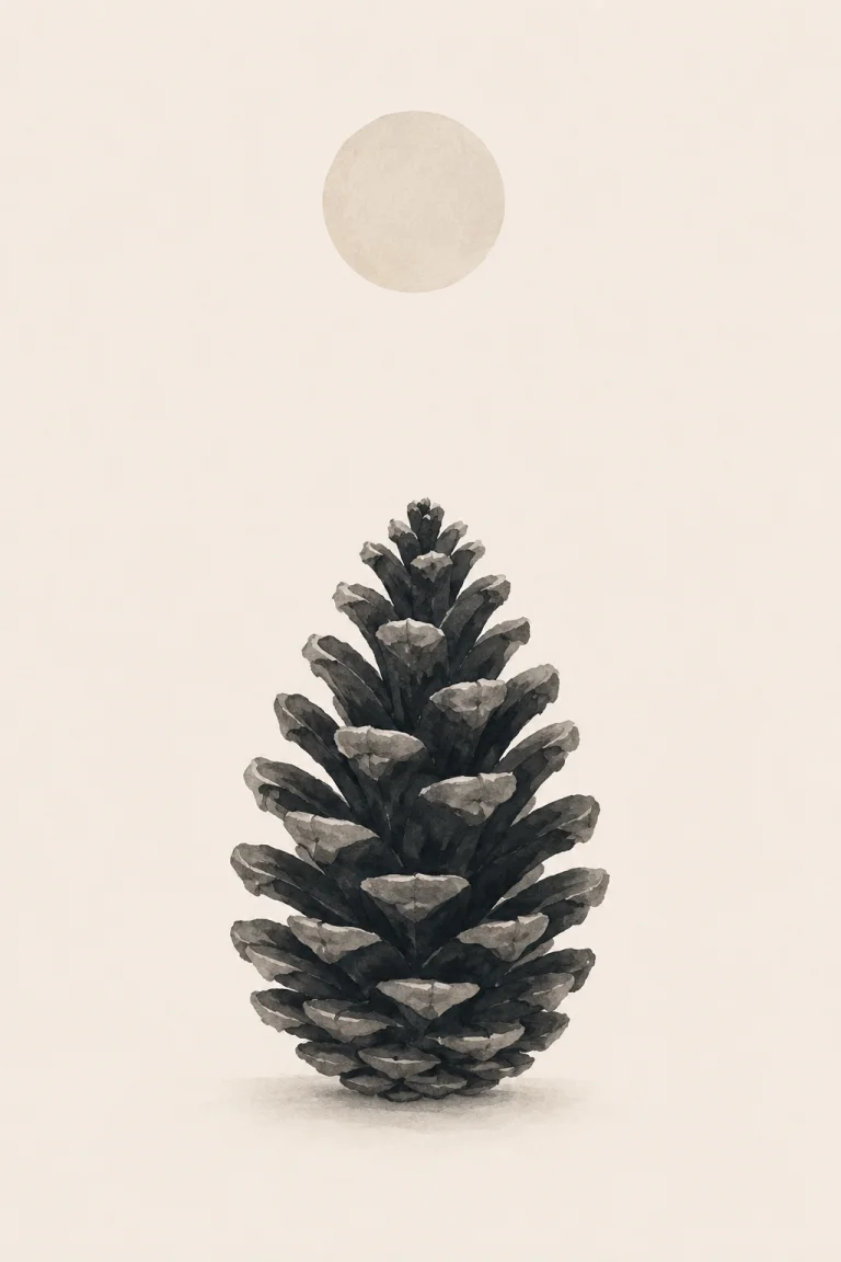 Minimal Scandinavian illustration of a single upright pinecone with clearly layered overlapping scales beneath a pale circular element on a warm off-white background with expansive negative space.