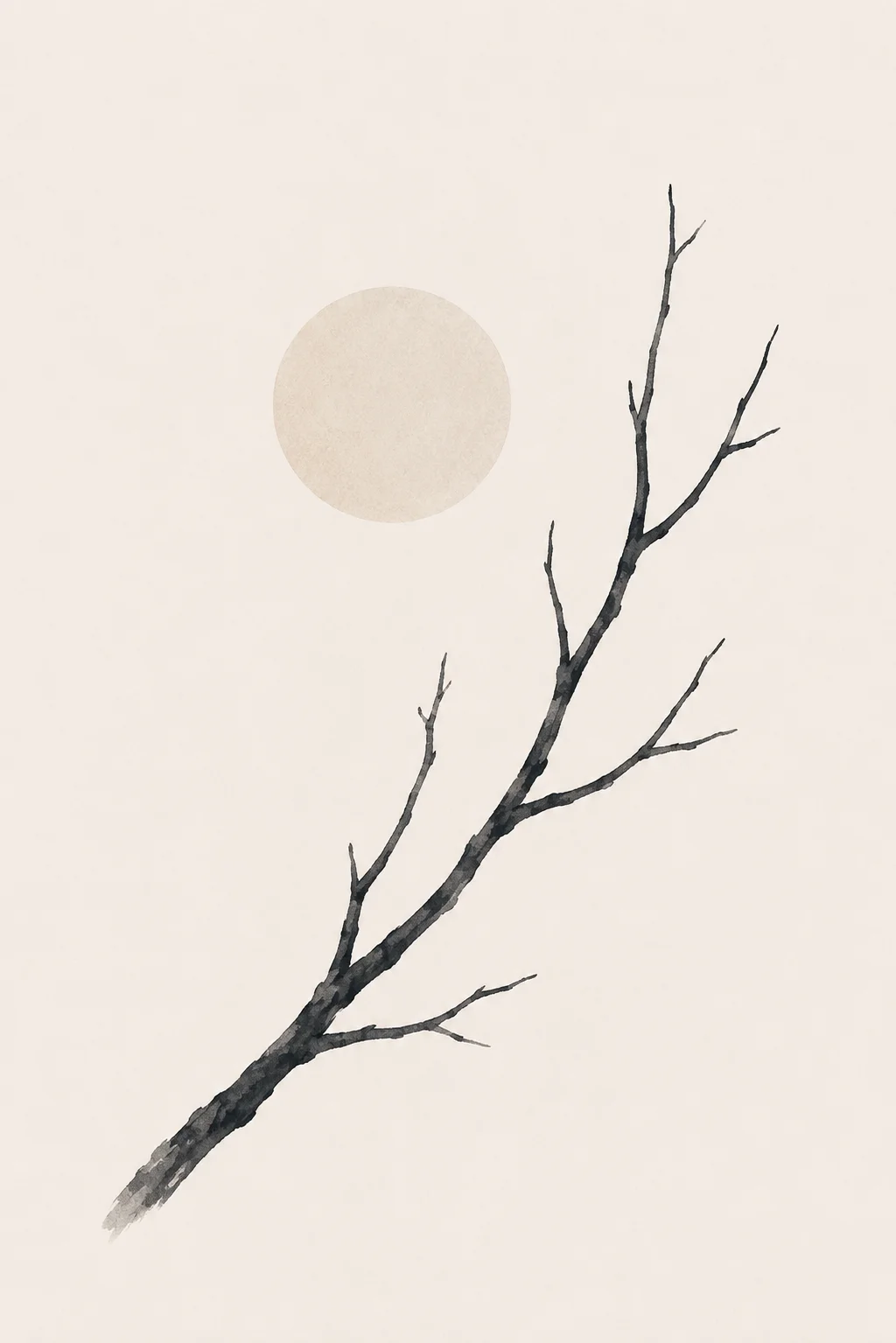 Minimal Scandinavian illustration of a single slender bare branch extending diagonally upward with a few restrained offshoots beside a pale circular element on a warm off-white background.