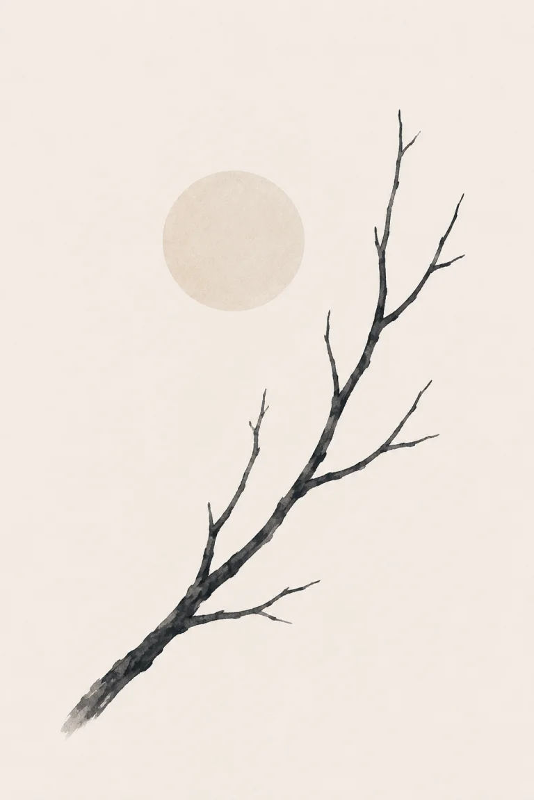 Minimal Scandinavian illustration of a single slender bare branch extending diagonally upward with a few restrained offshoots beside a pale circular element on a warm off-white background.