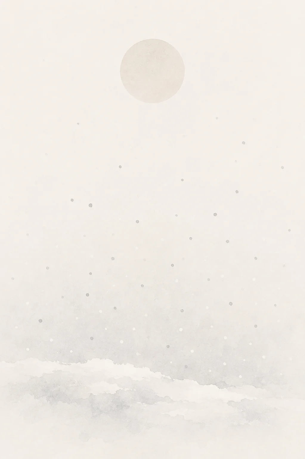 Minimal Scandinavian illustration of a quiet white snow field with delicate falling snow particles and a pale circular element surrounded by expansive negative space.