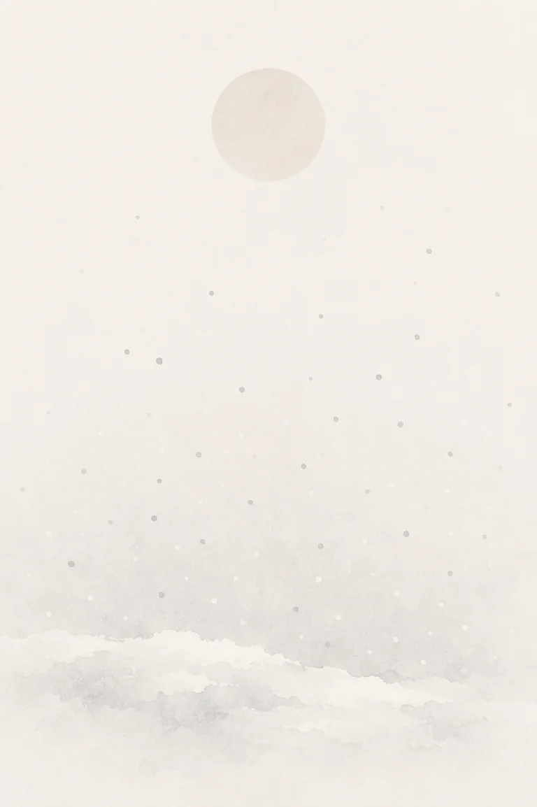 Minimal Scandinavian illustration of a quiet white snow field with delicate falling snow particles and a pale circular element surrounded by expansive negative space.