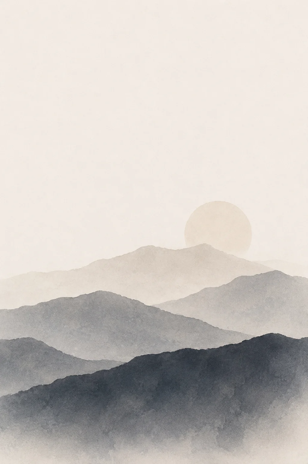 Minimal Scandinavian illustration of layered mountain silhouettes in subdued dusk tones beneath a pale circular element, surrounded by expansive negative space.