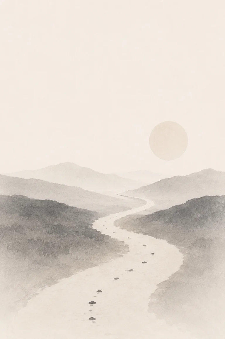Minimal Scandinavian illustration of a winding path curving through restrained mountain and land forms toward the distance beneath a pale circular element, surrounded by expansive negative space.